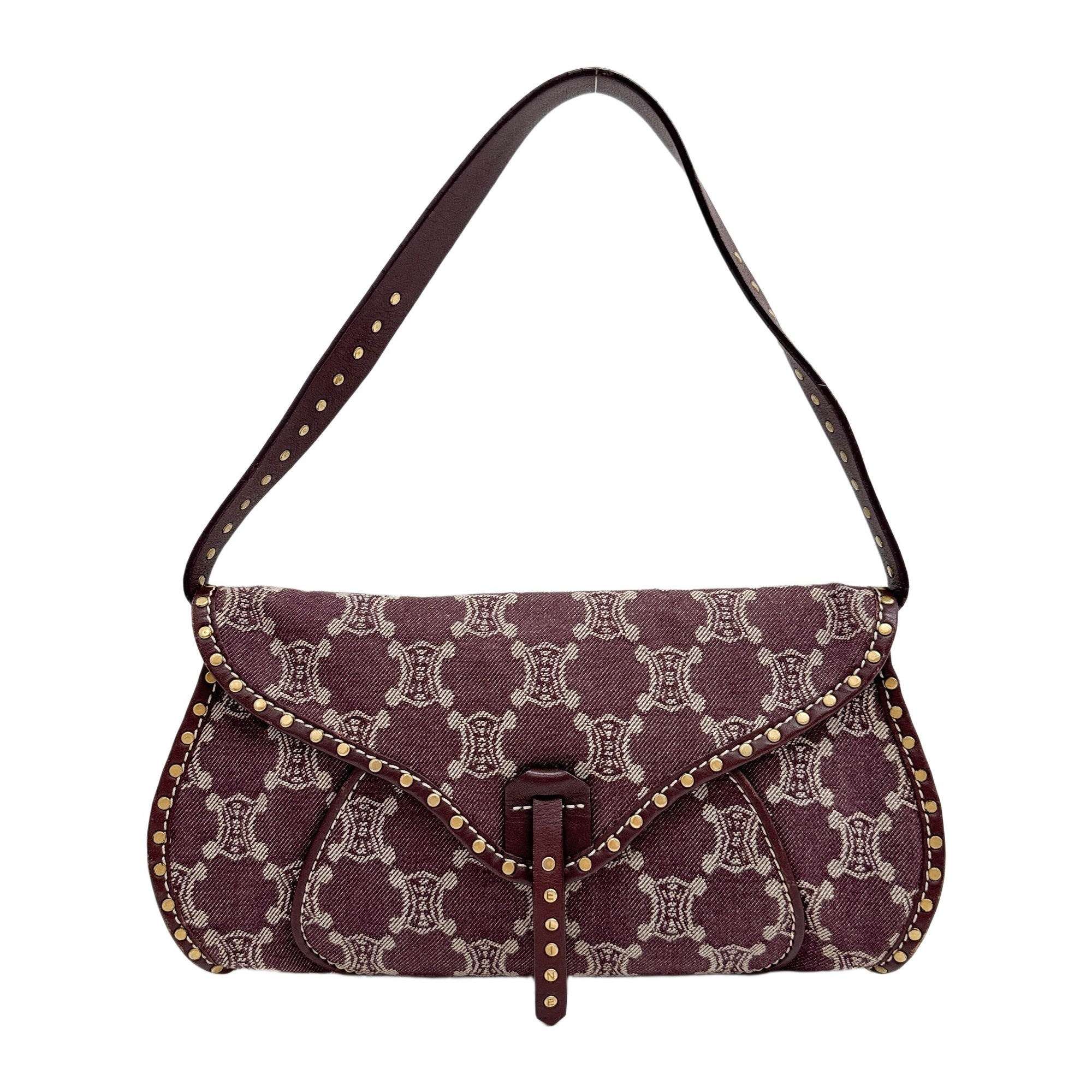 Poulbot Paris Macadam Studded Leather Trim Burgundy Red Canvas Shoulder Bag