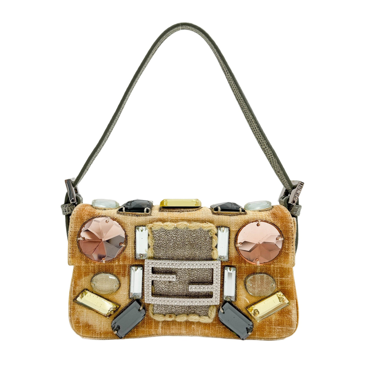 Mini Baguette Glass Jeweles Beige Tweed Two Way Bag