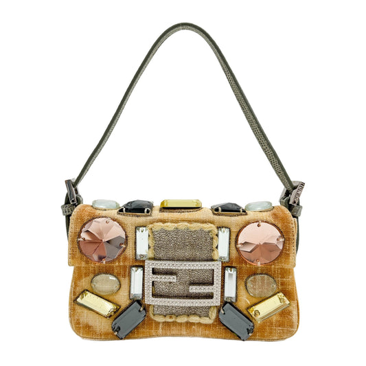 Mini Baguette Glass Jeweles Beige Tweed Two Way Bag