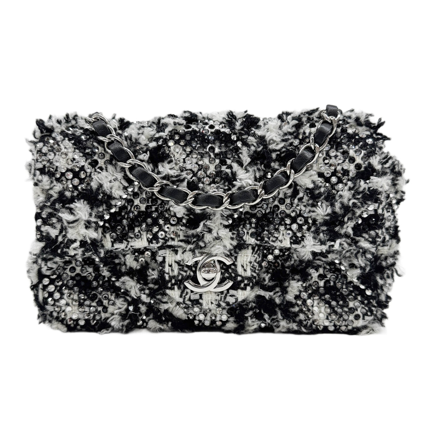 Rectangular Mini Classic Flap 2020 Rhinestone Decor Black & White Tweed Shoulder Bag