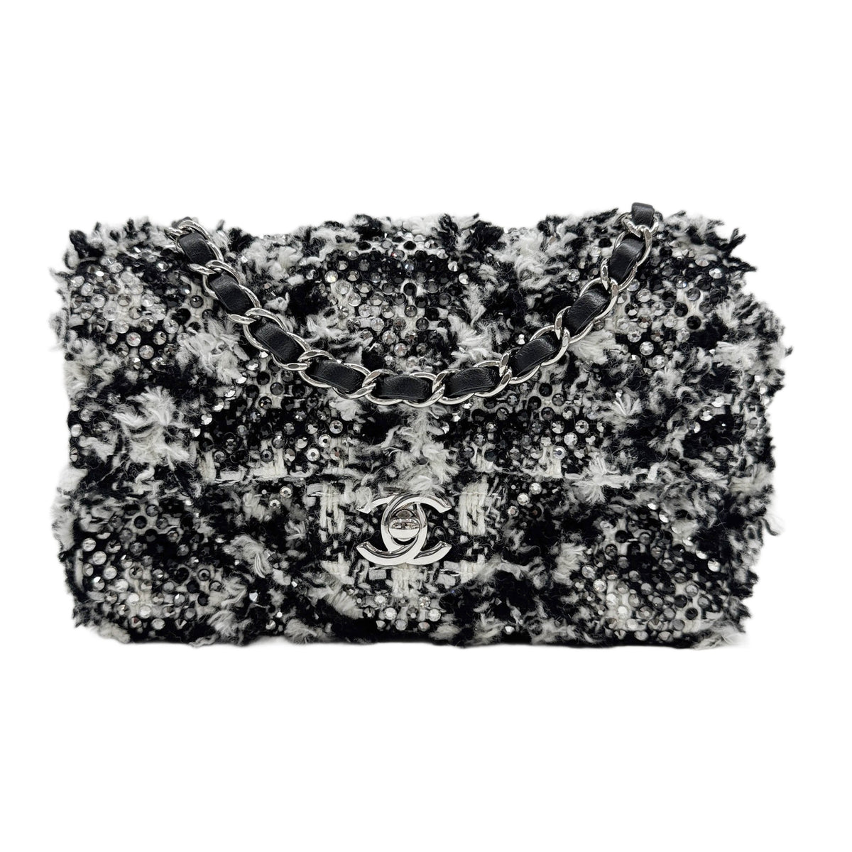 Rectangular Mini Classic Flap 2020 Rhinestone Decor Black & White Tweed Shoulder Bag