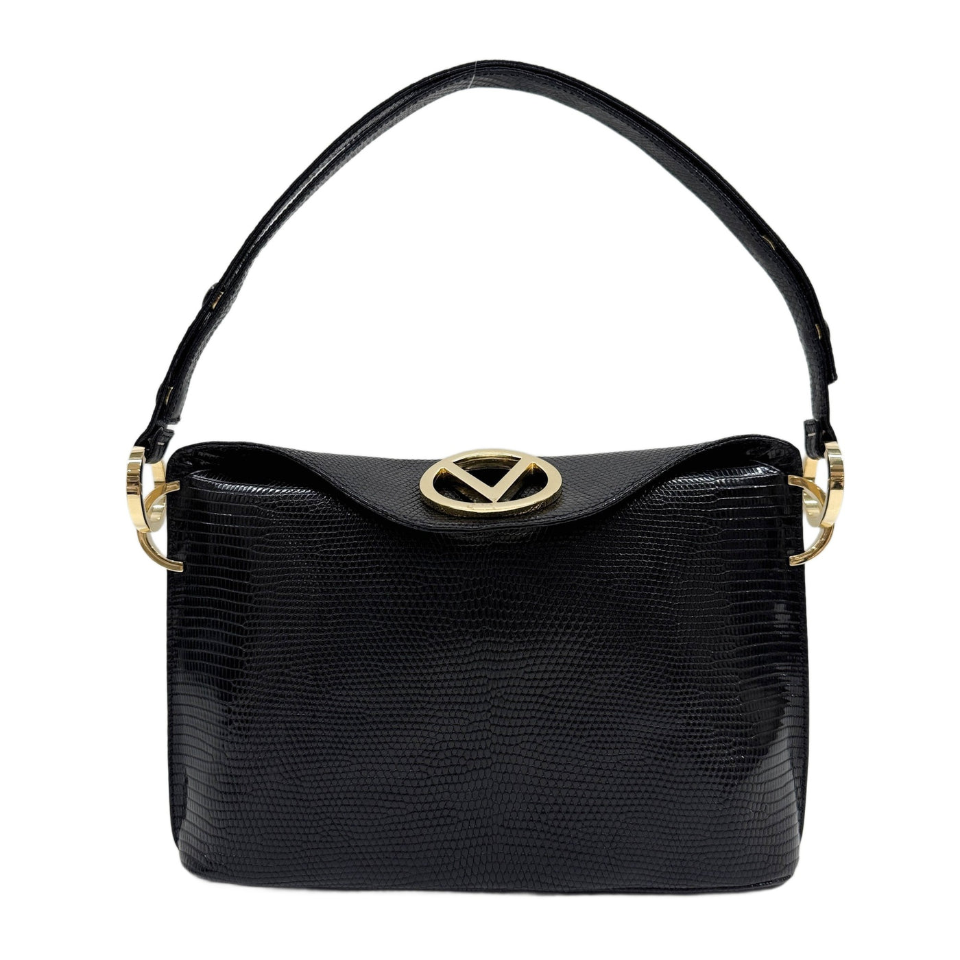 Black Lizzard Embossed Leather Handle Bag