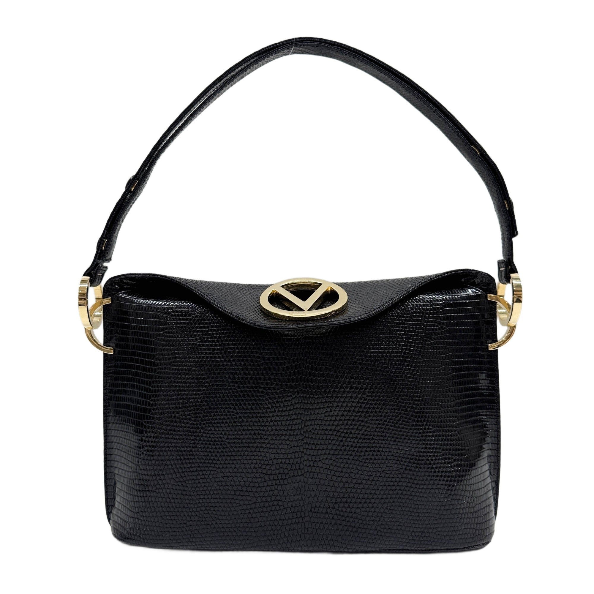 Black Lizzard Embossed Leather Handle Bag