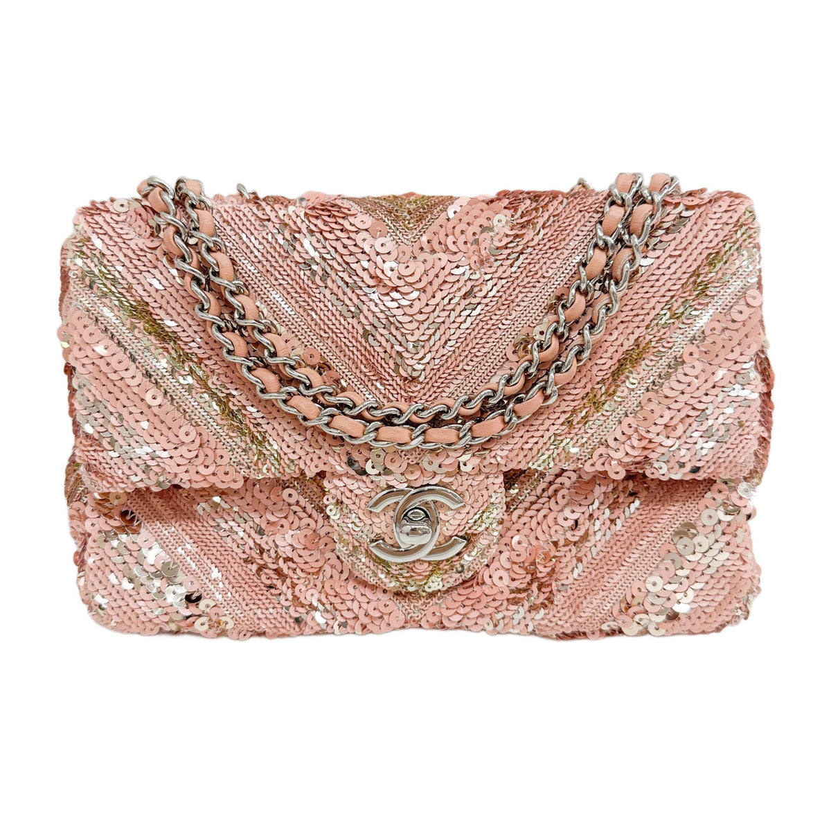 Rectangular Mini Classic Flap 2016-2017 Chevron Metallic Mixed Pink Sequin Shoulder Bag