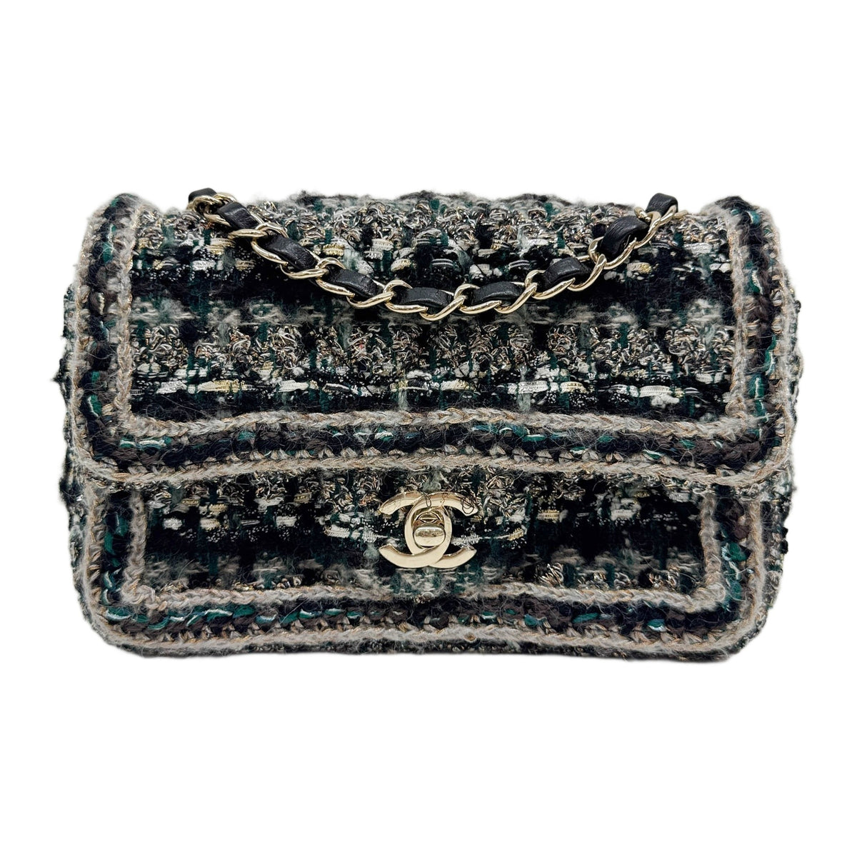 Rectangular Mini Classic Flap 2018-2019 Matelasse Quilted Green Multicolor Tweed Shoulder Bag