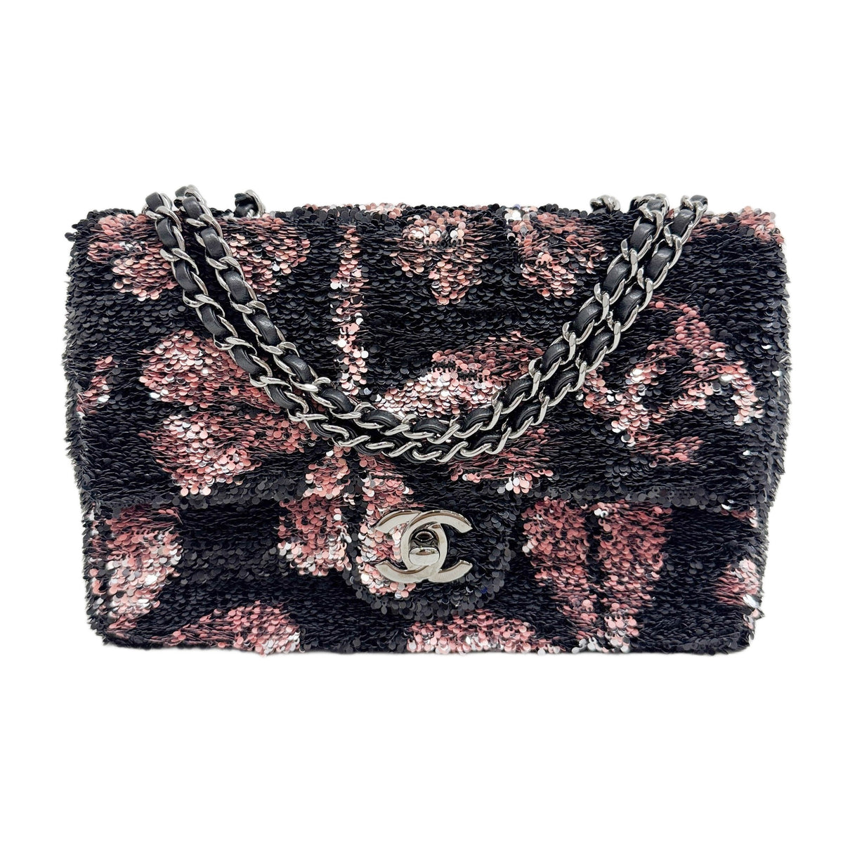 Rectangular Mini Classic Flap 2021-2026 Floral Details Black Sequin Shoulder Bag