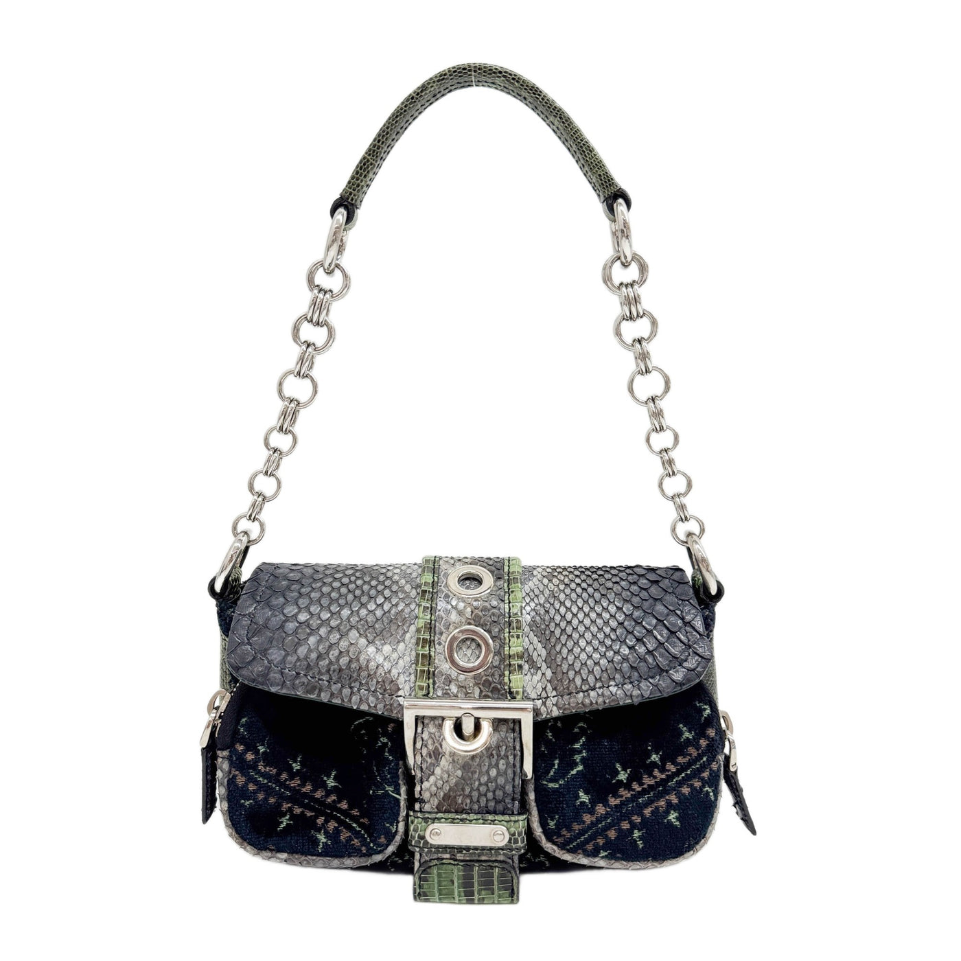 Buckle Flap Multicolor Lizard and Python Embossed Leather Trim Navy Embroidered Velvet Hand Bag