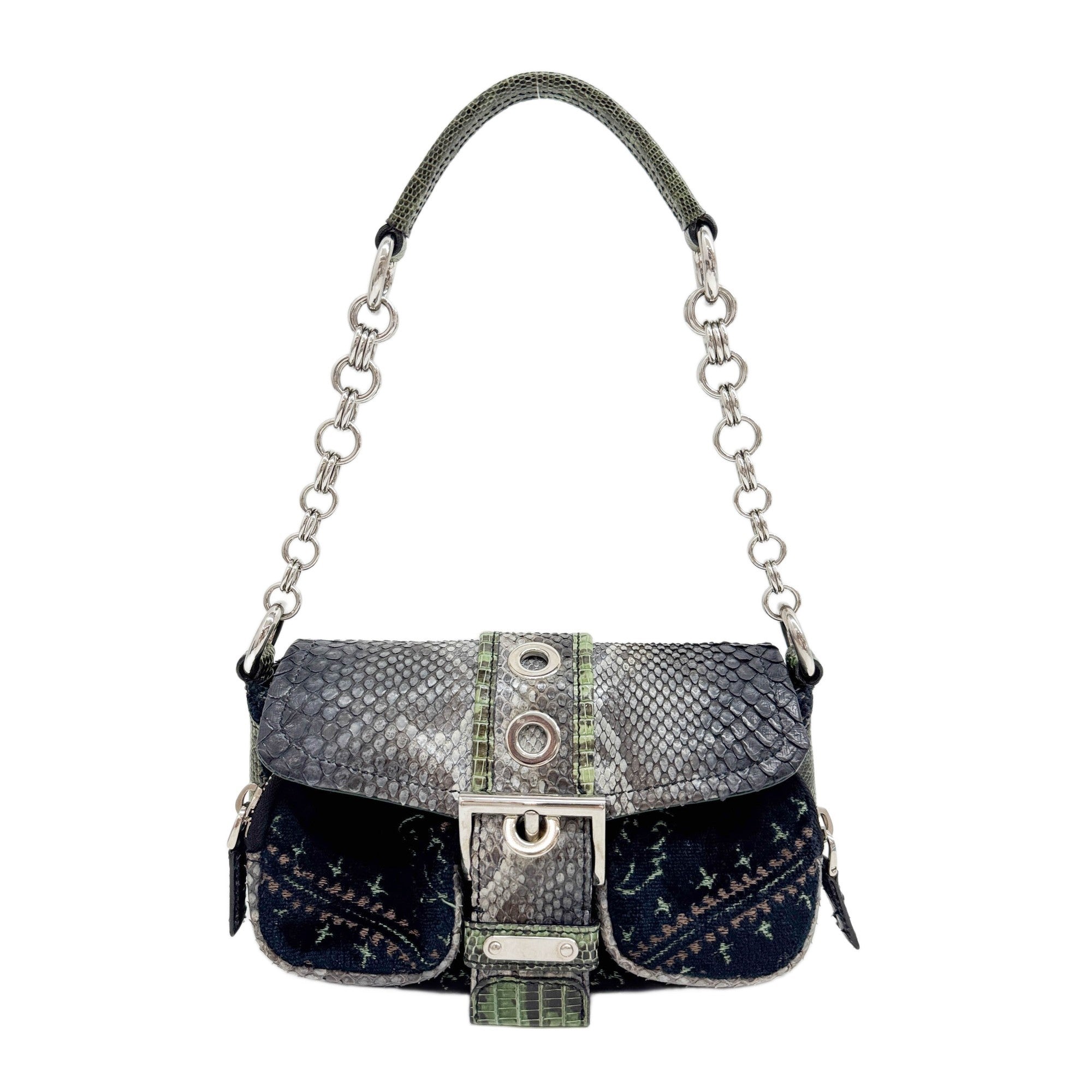 Buckle Flap Multicolor Lizard and Python Embossed Leather Trim Navy Embroidered Velvet Hand Bag