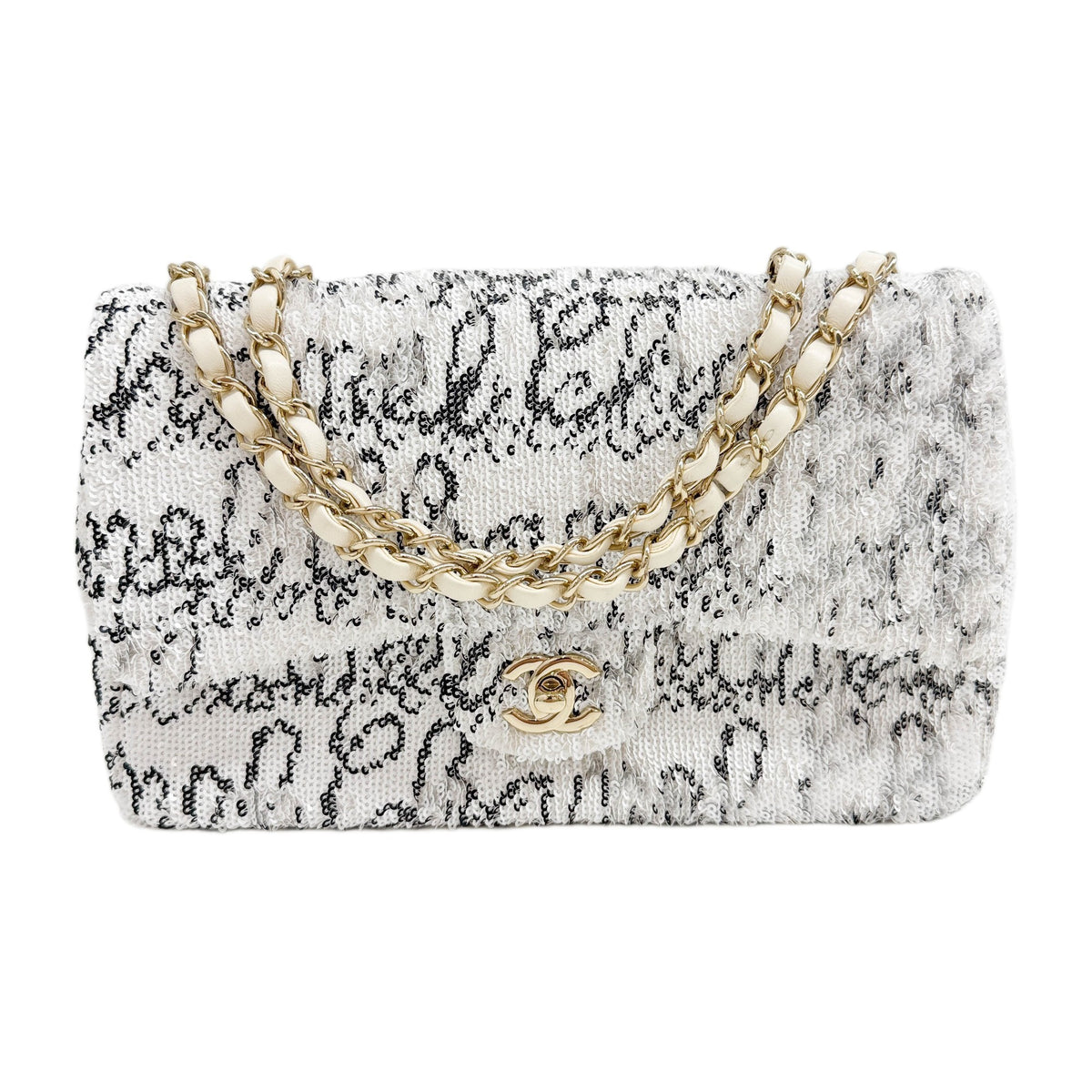 Classic Flap 2021-2026 White & Black Sequin Shoulder Bag