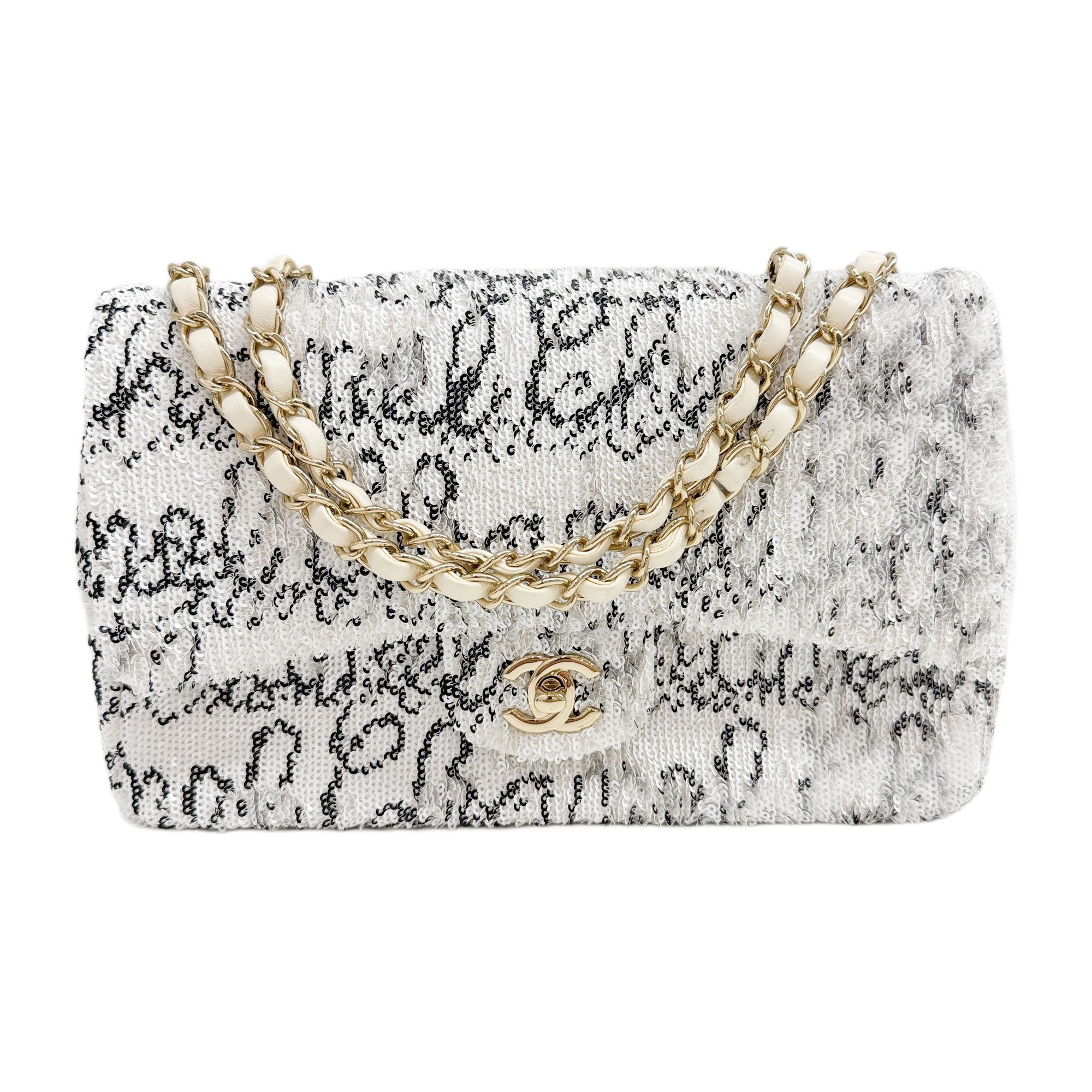 Classic Flap 2021-2026 White & Black Sequin Shoulder Bag