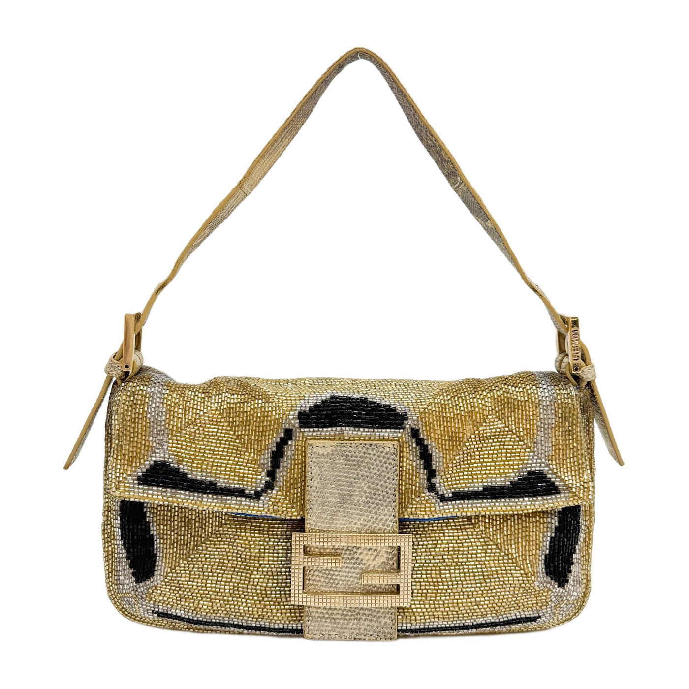 Baguette Gold Beaded Python Embossed Leather Shoulder Bag