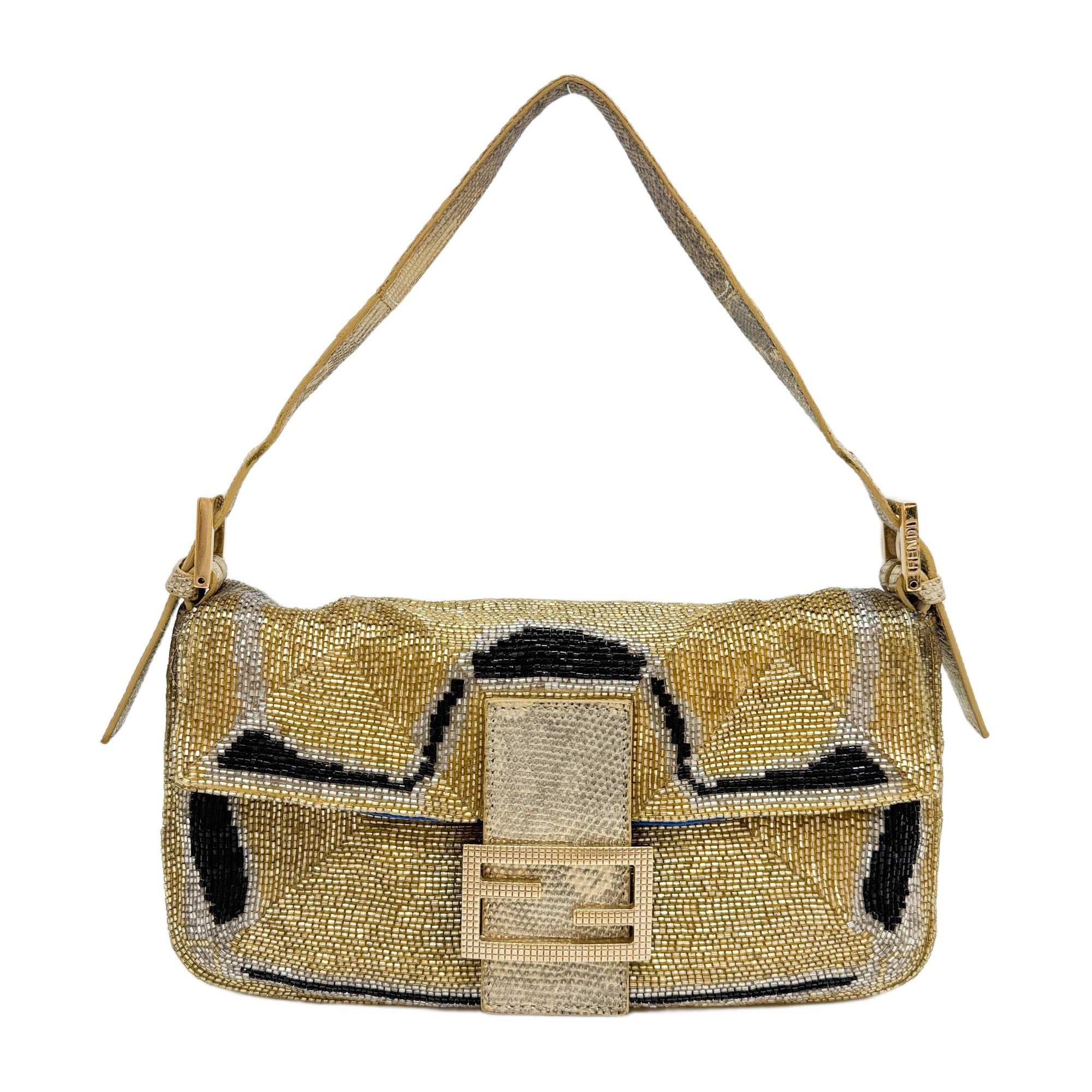 Baguette Gold Beaded Python Embossed Leather Shoulder Bag