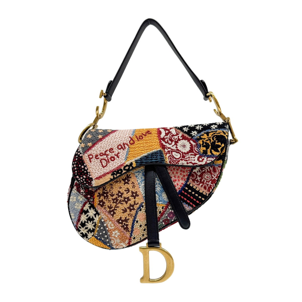 Saddle "Peace and Love" Embroidered and Beaded Multicolor Cotton Shoulder Bag