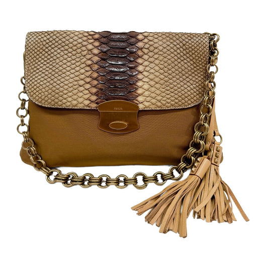 Python Embossed Leather Flap Brown Nylon Shoulder Bag
