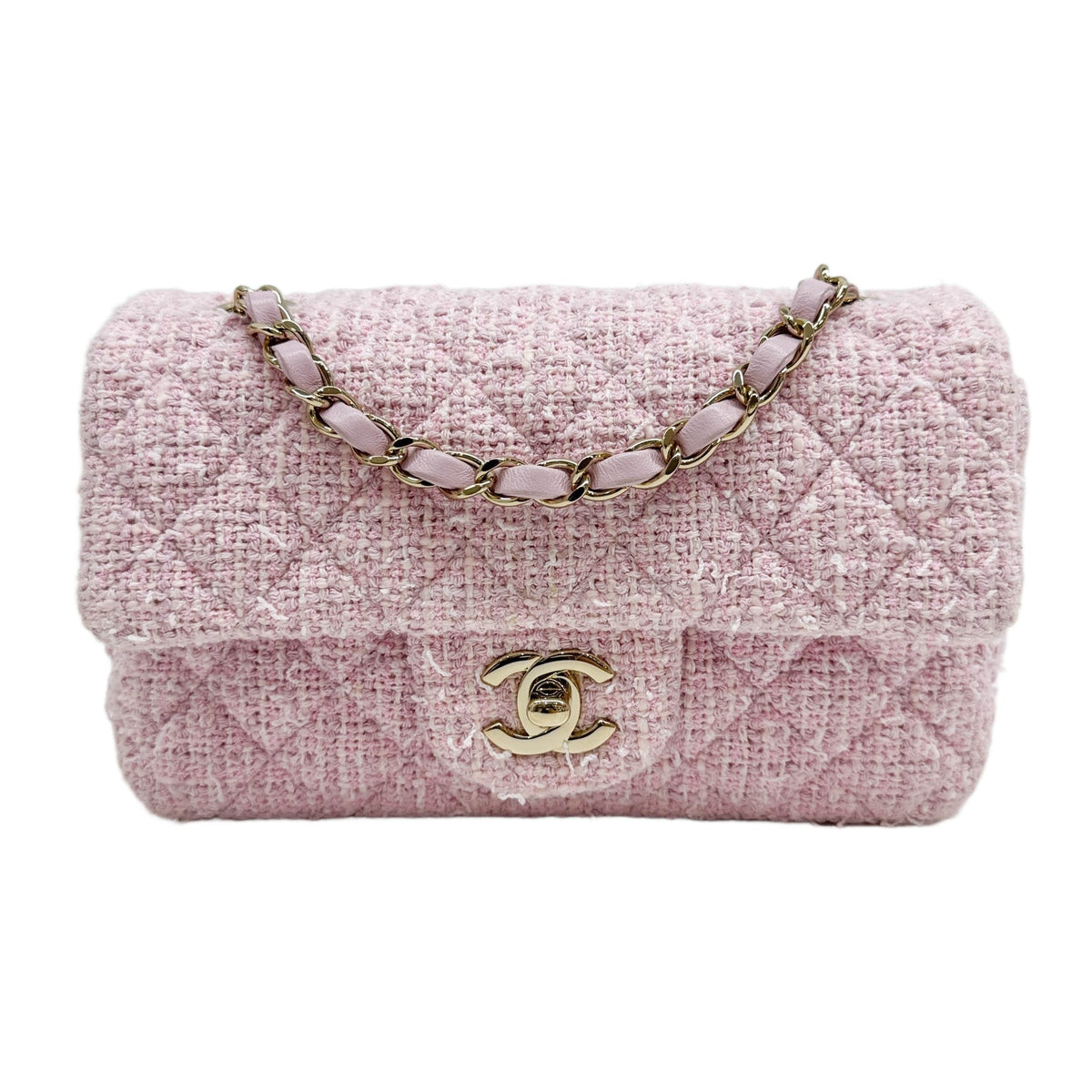 Rectangular Mini Classic Flap 2021 Matelasse Pink Tweed Shoulder Bag