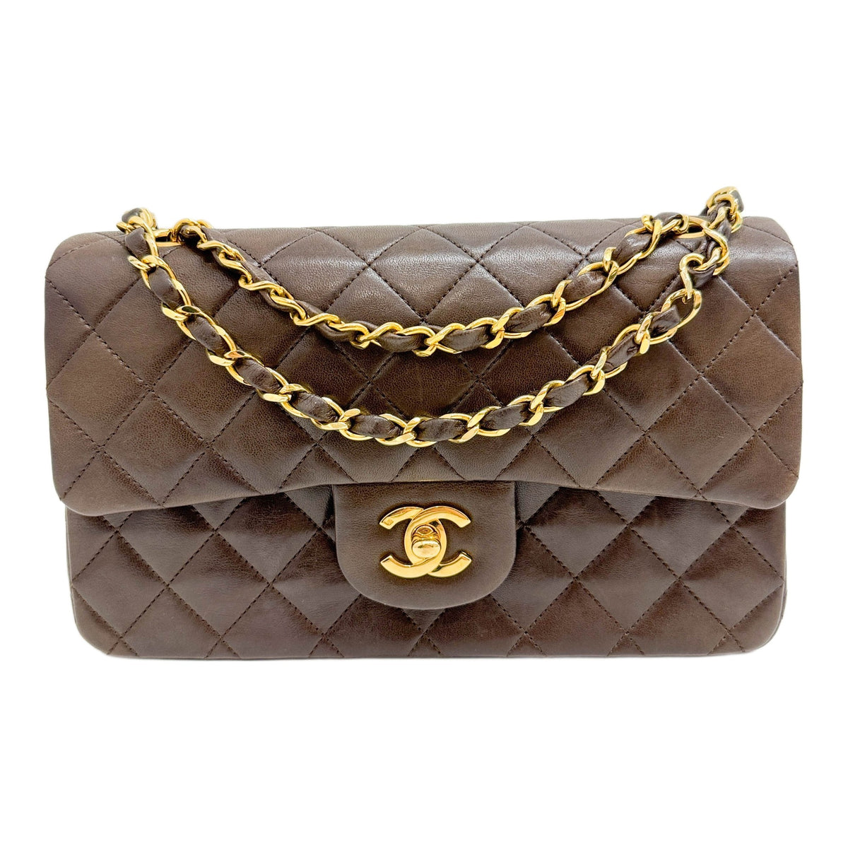 Small Classic Double Flap 1986-1988 Gold Hardware Matelasse Brown Leather Shoulder Bag