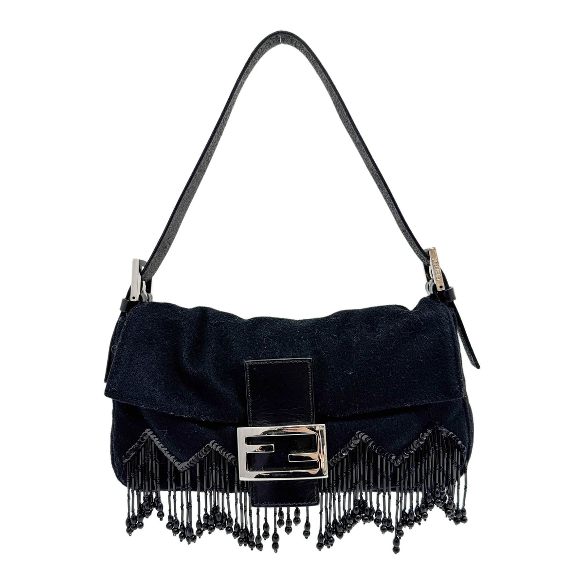 Baguette Beaded Fringe Black Wool Shoulder Bag