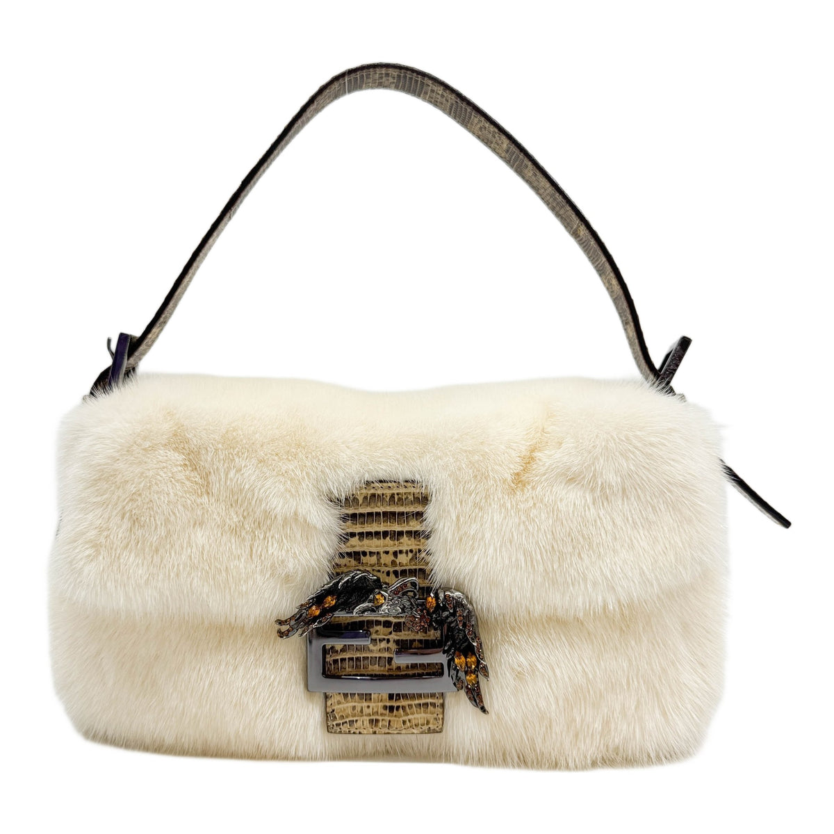 Baguette Lizard Leather Trim Cream Fur Shoulder Bag