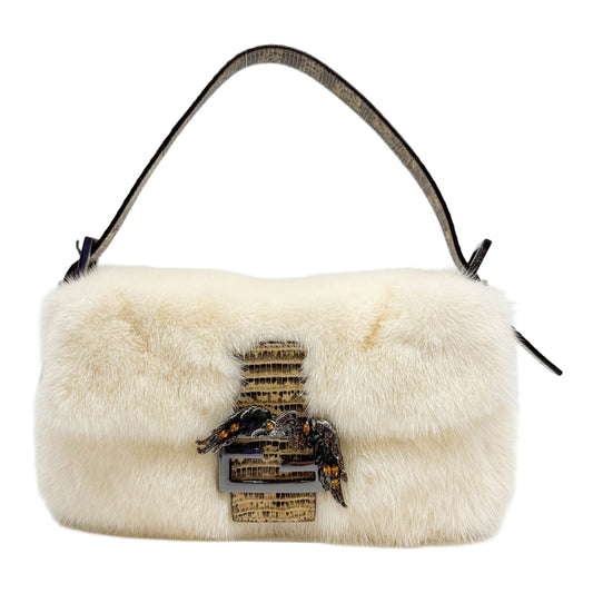 Baguette Lizard Leather Trim Cream Fur Shoulder Bag