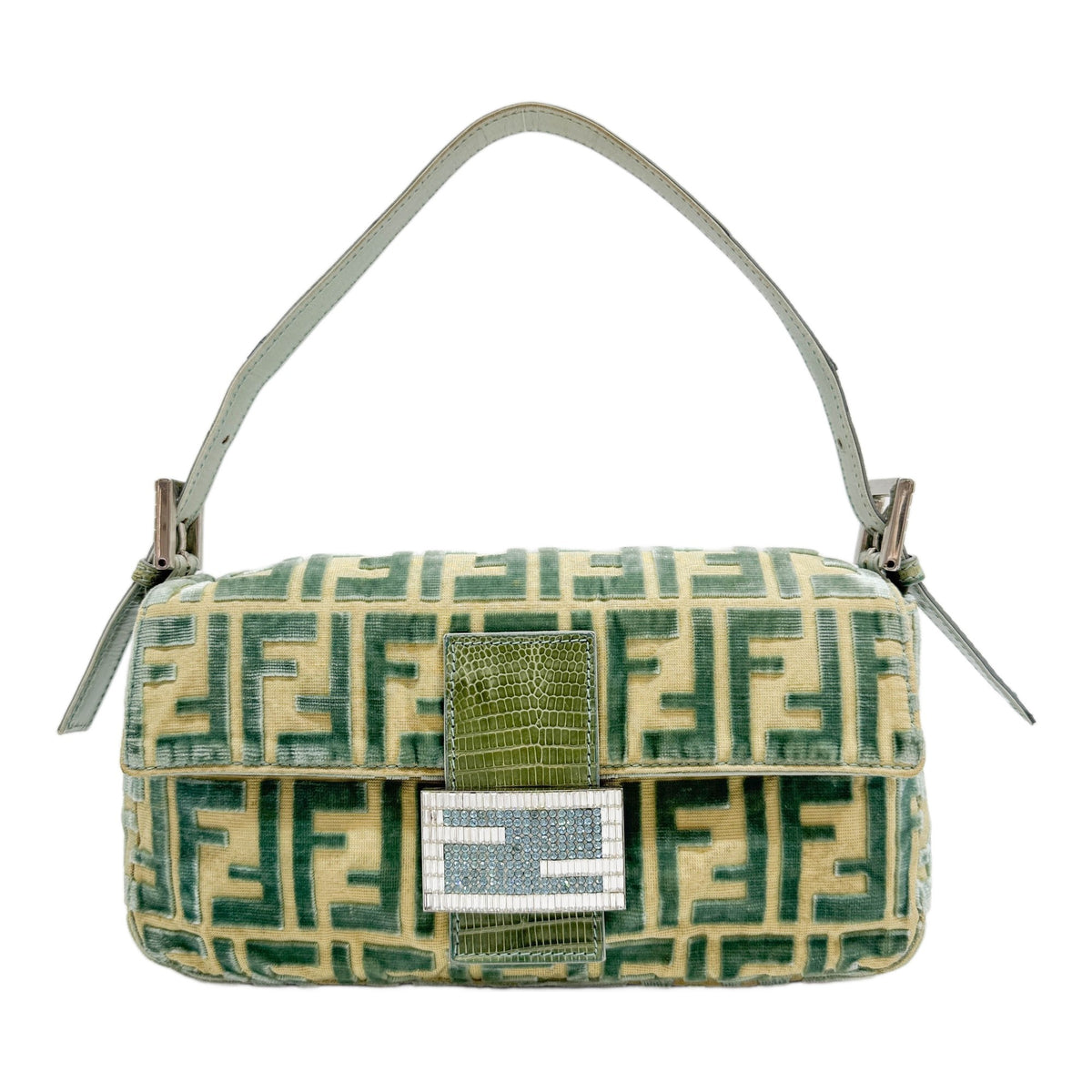 Baguette Green & Beige Velvet Zucca with Python Embossed Leather Shoulder Bag