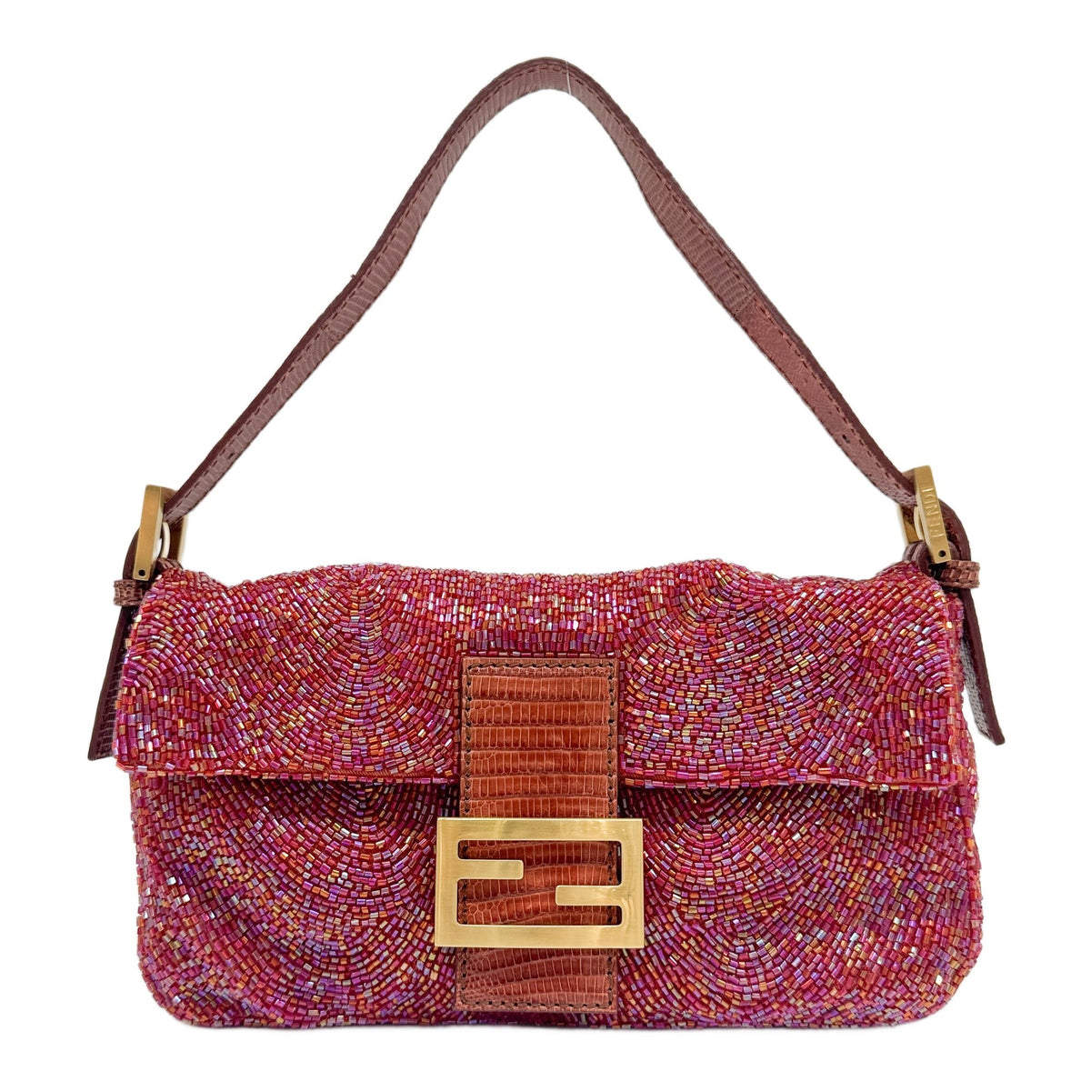 Baguette Python Embossed Strap Red Beads Shoulder Bag