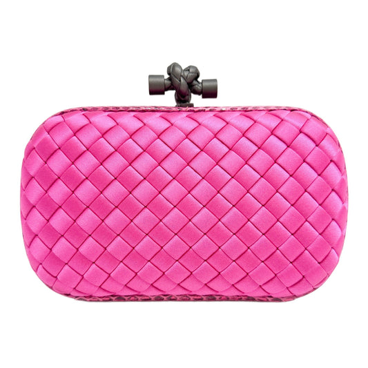 Knot Python Embossed Leather Trim Intrecciato Hot Pink Satin Clutch Bag