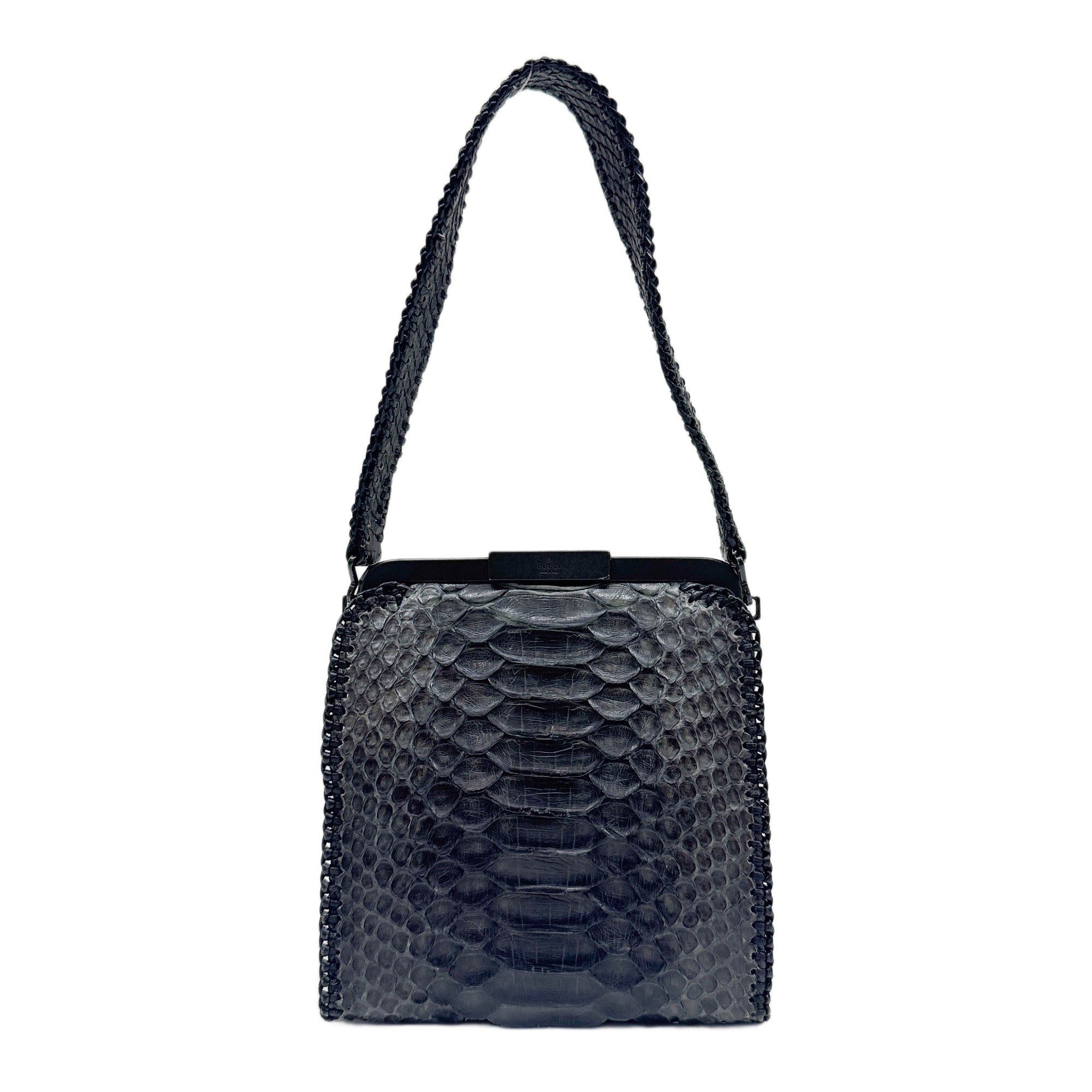 GUCCI Flip Lock Whipstitch Lining Black Python Embossed Leather