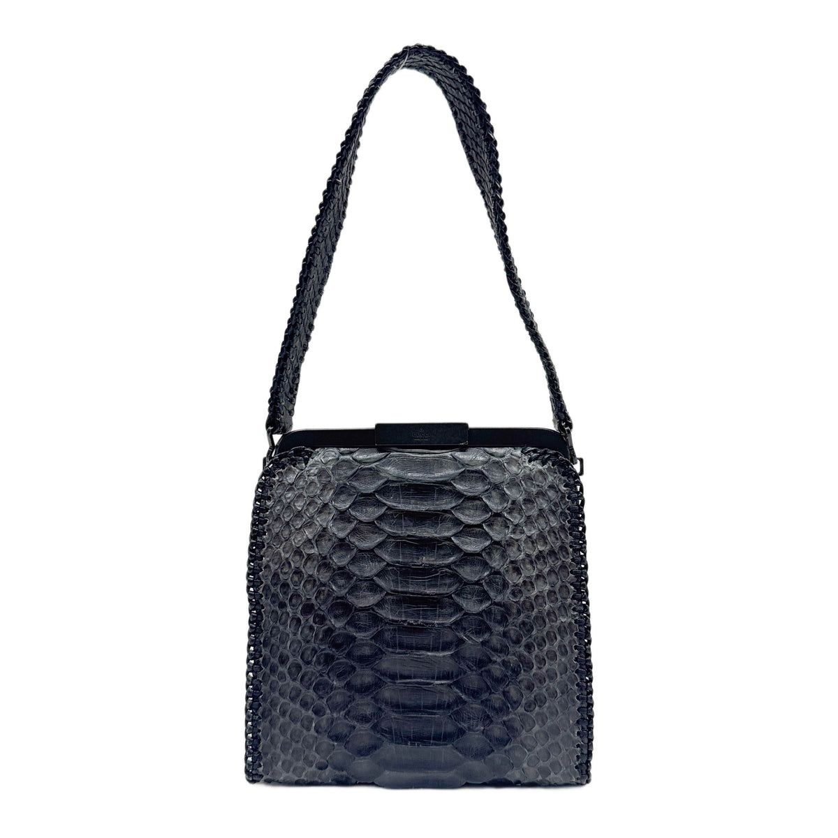 Flip Lock Whipstitch Lining Black Python Embossed Leather Pouch Hand Bag