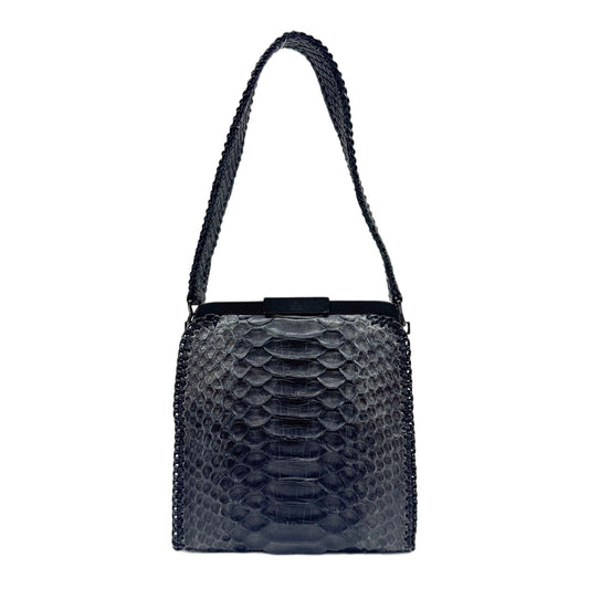Flip Lock Whipstitch Lining Black Python Embossed Leather Pouch Hand Bag