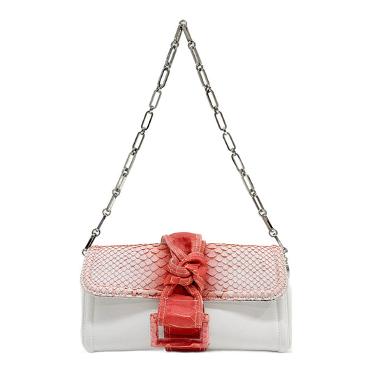 Coral Python Flap Chain Strap White Leather Shoulder Bag