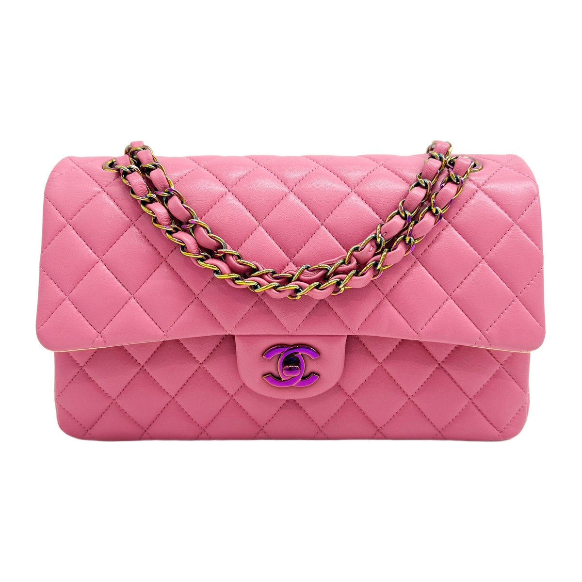 Medium Classic Double Flap 2020 Iridescent Hardware Yellow Interior Matelasse Bubblegum Pink Leather Shoulder Bag