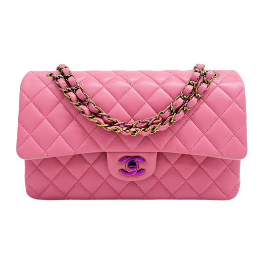 Medium Classic Double Flap 2020 Iridescent Hardware Yellow Interior Matelasse Bubblegum Pink Leather Shoulder Bag