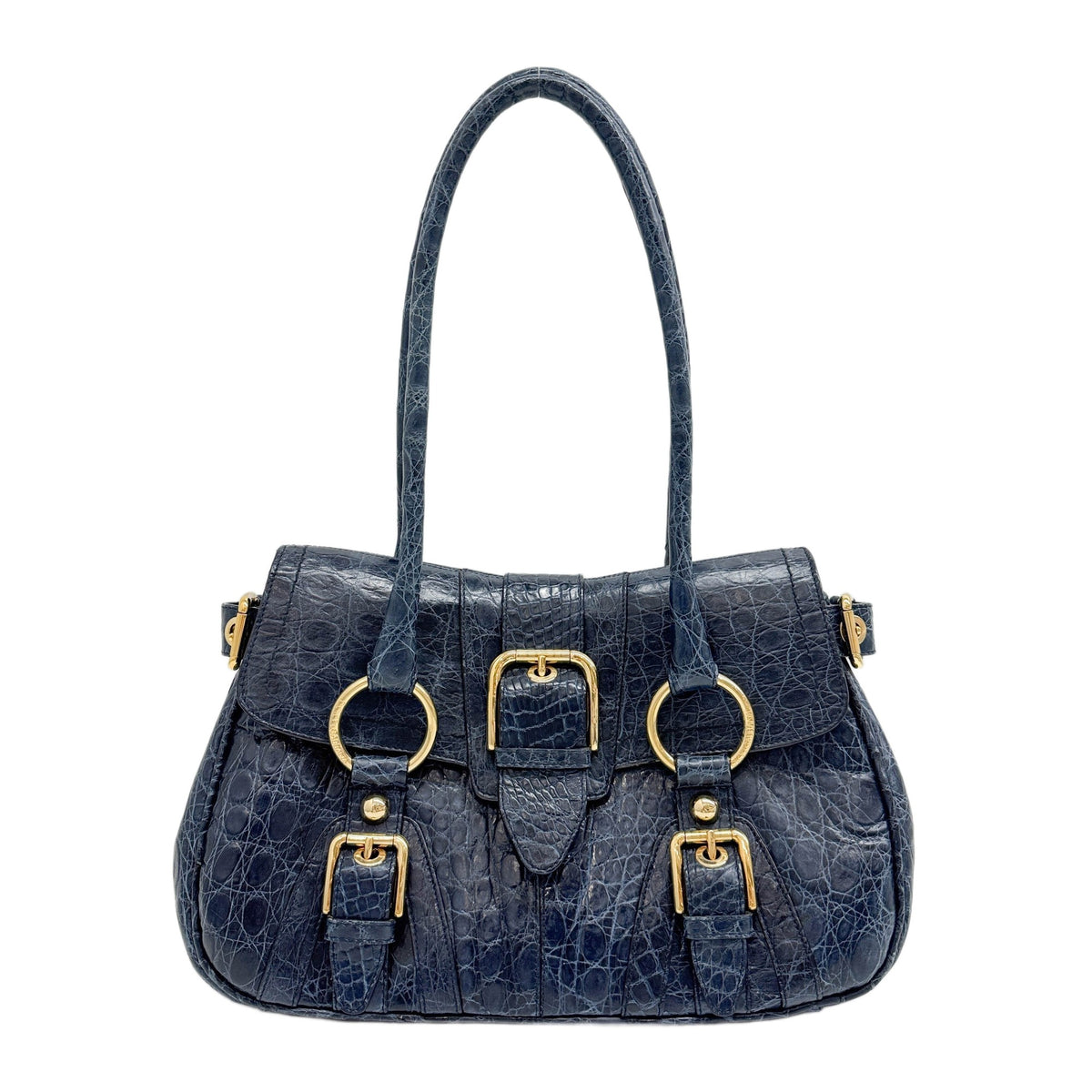 Navy Blue Crocodile Embossed Leather Shoulder Bag