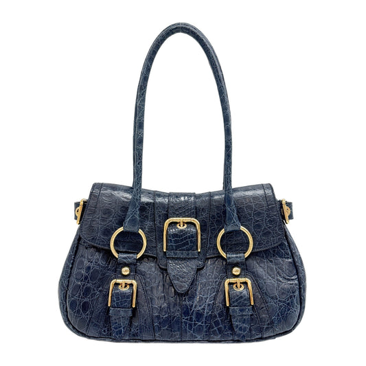 Navy Blue Crocodile Embossed Leather Shoulder Bag