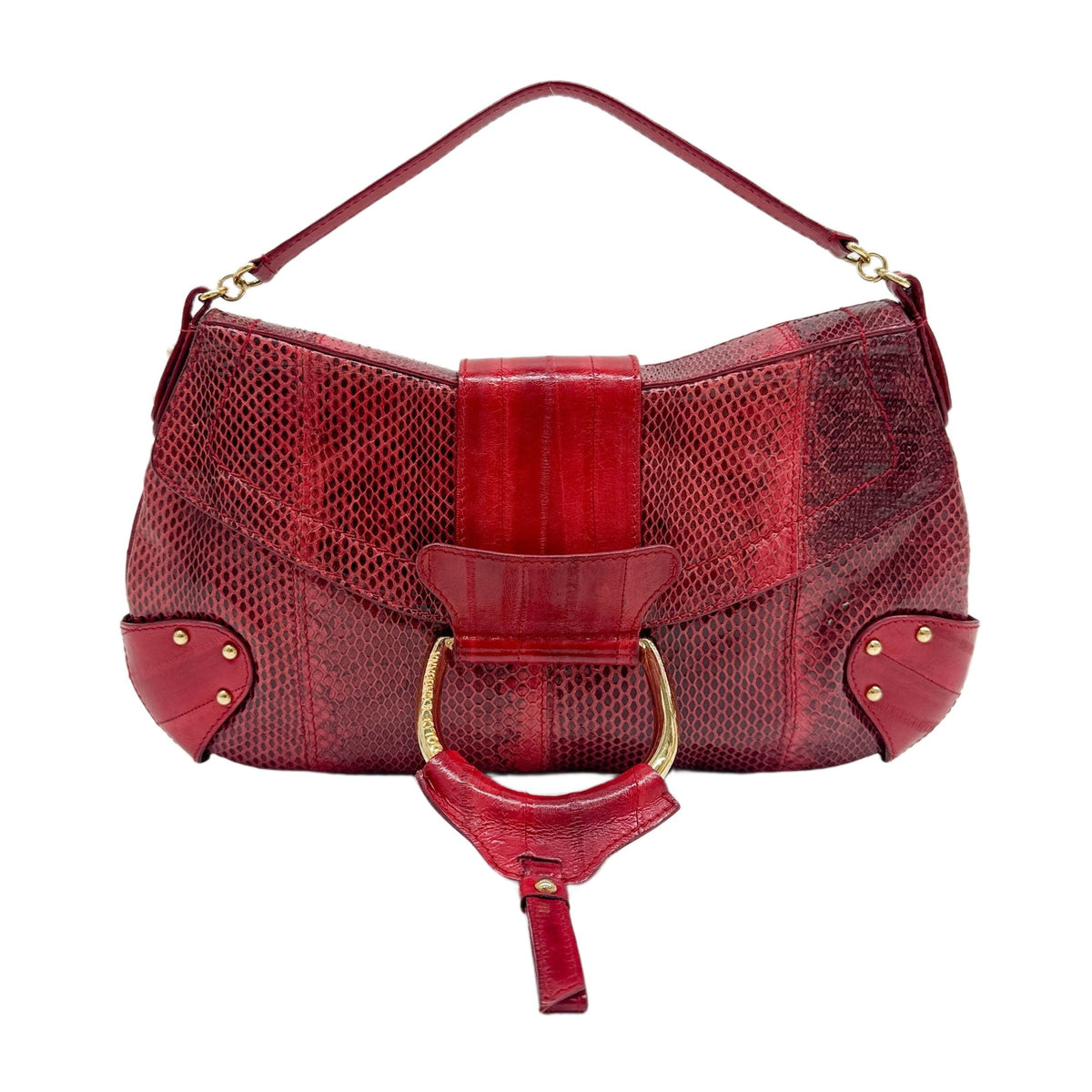 D-Ring Flap Red Python Embossed Leather Hand Bag
