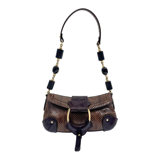 D-Ring Flap Brown Python Embossed Leather Shoulder Bag