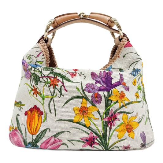 Horsebit Handle Flora Beige Canvas Hand Bag