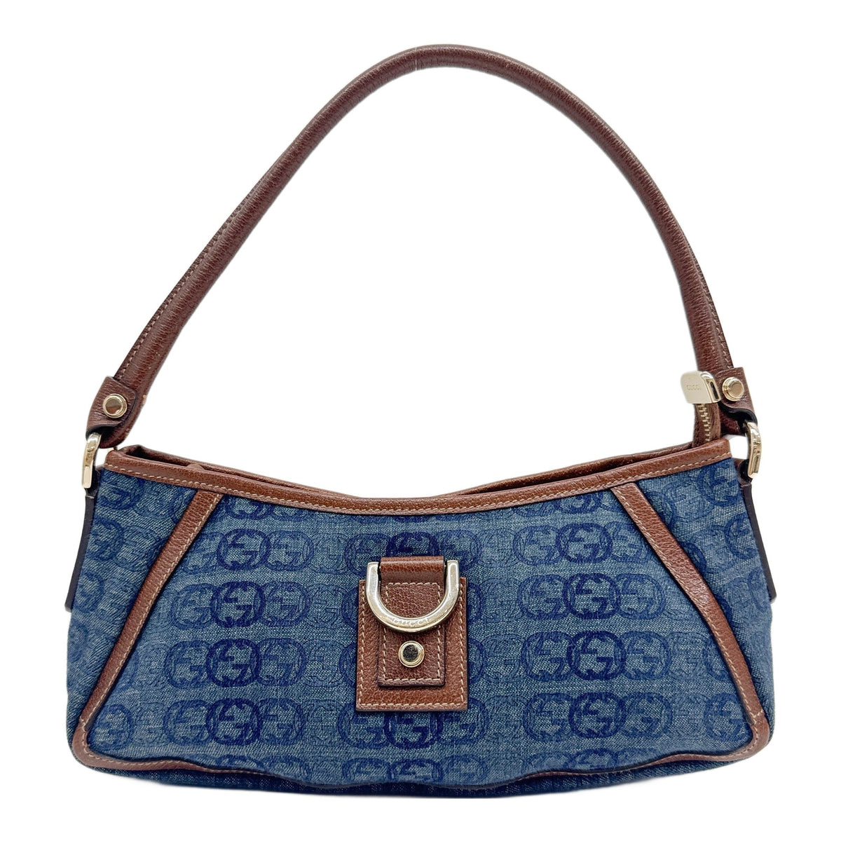 Abbey D-Ring Brown Leather Trim Blue GG Denim Shoulder Bag
