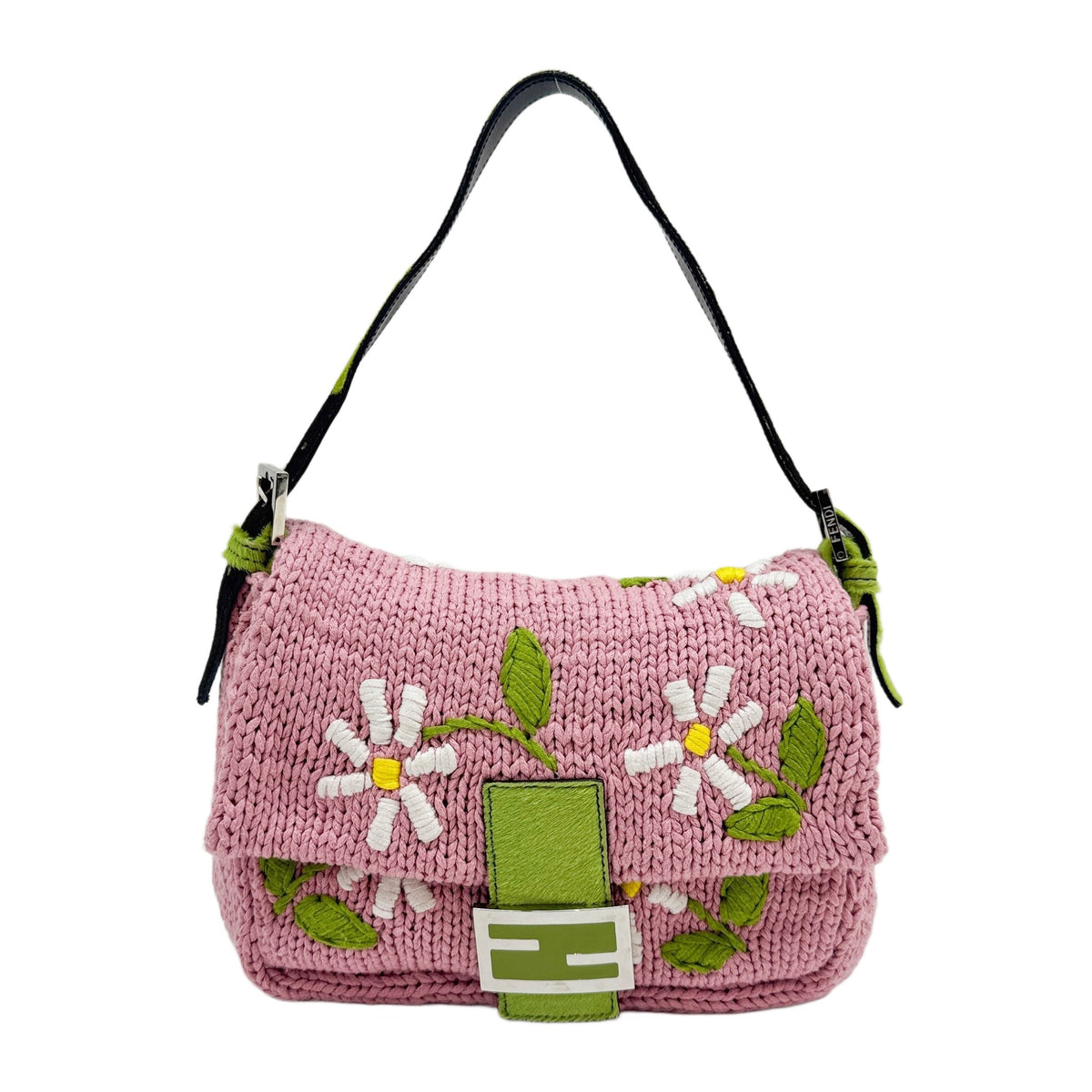 Mamma Baguette Pink Knit Wool Pony Hair Trim Strap Shoulder Bag