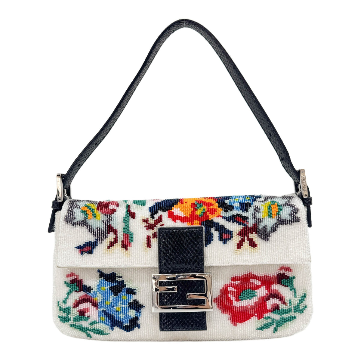 Baguette Black Water Snake Trim White Floral Beaded Shoulder Bag