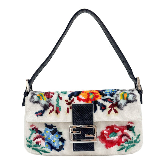 Baguette Black Water Snake Trim White Floral Beaded Shoulder Bag