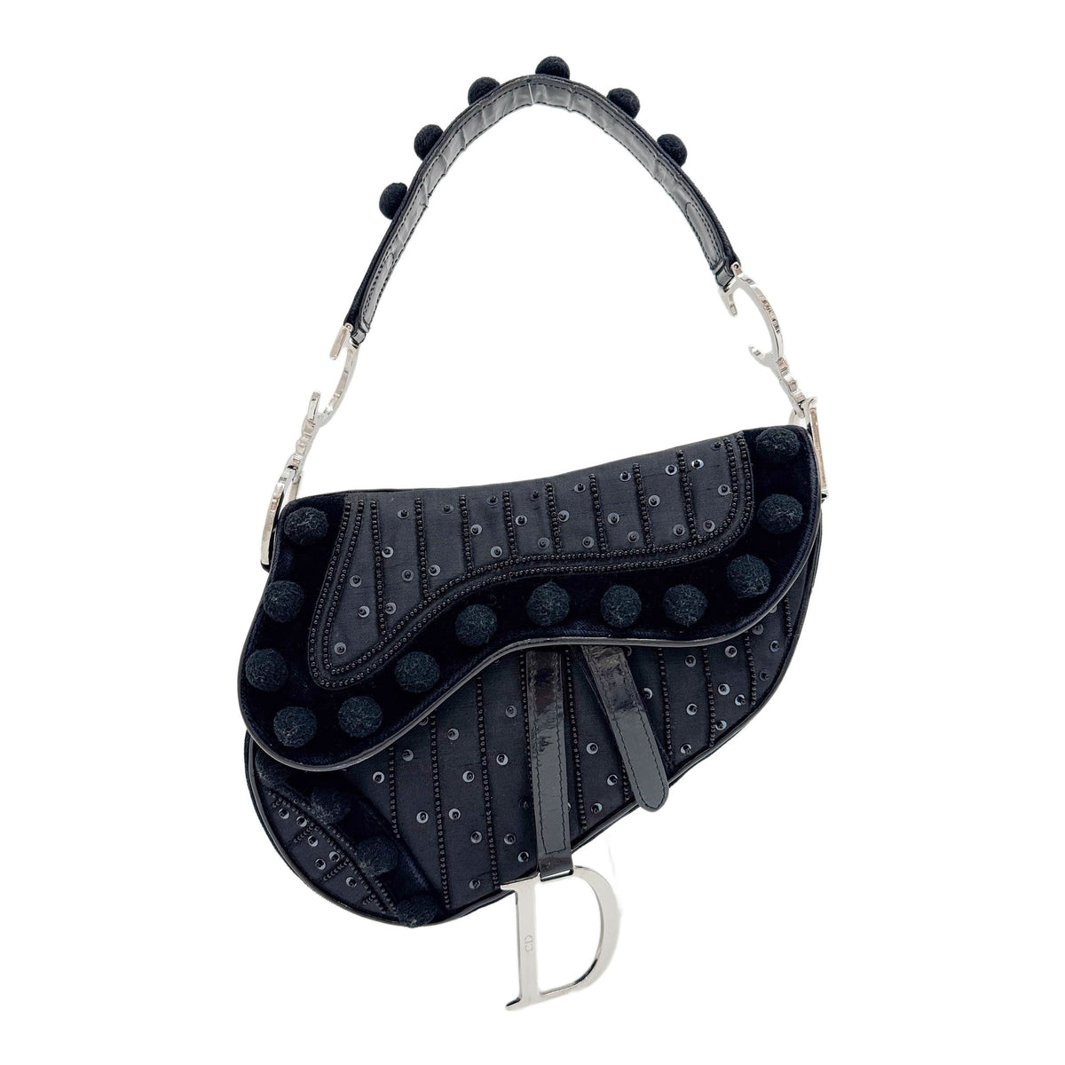 Saddle Limited Edition Pom Pom and Bead Embellished Black Velvet and Nylon Shoulder Bag