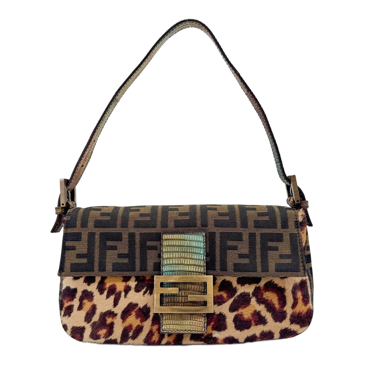 Baguette Lizard Trim Brown Multi-Fabric Shoulder Bag
