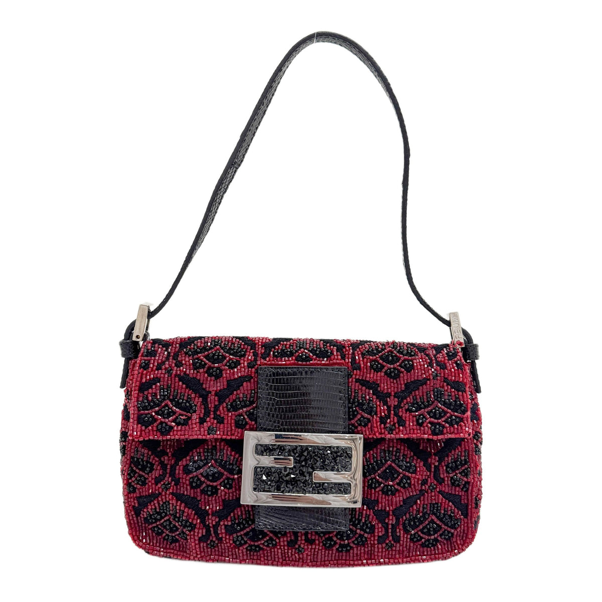 Mini Baguette Python Embossed Leather Strap Embroidered Red and Black Beads Shoulder Bag