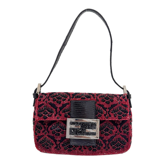 Mini Baguette Python Embossed Leather Strap Embroidered Red and Black Beads Shoulder Bag