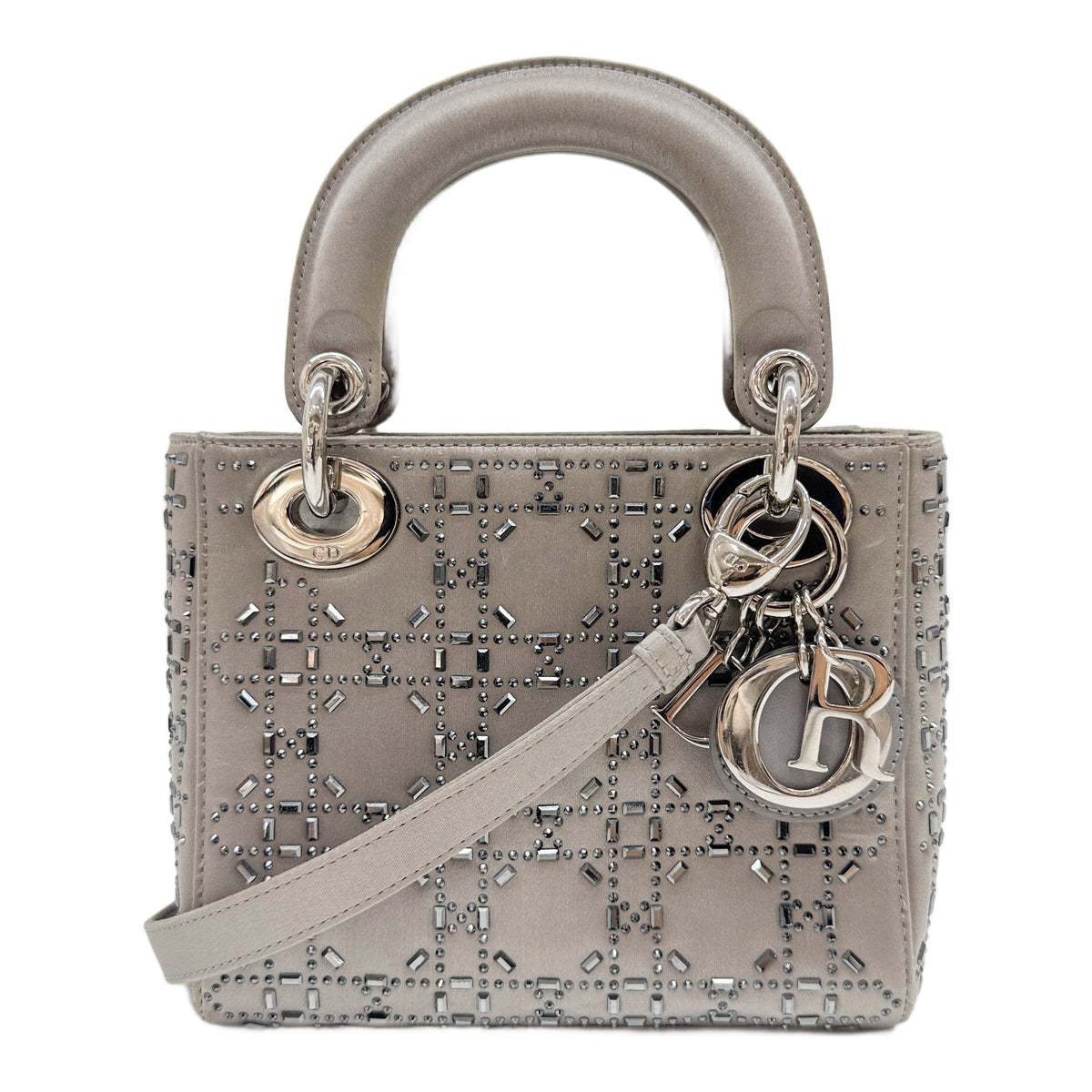 Mini Lady Dior Cannage Rhinestone Embellished Grey Satin Two Way Bag