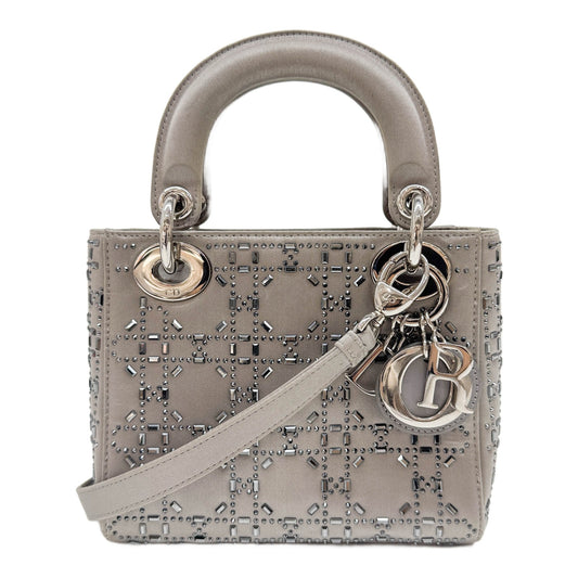 Mini Lady Dior Cannage Rhinestone Embellished Grey Satin Two Way Bag
