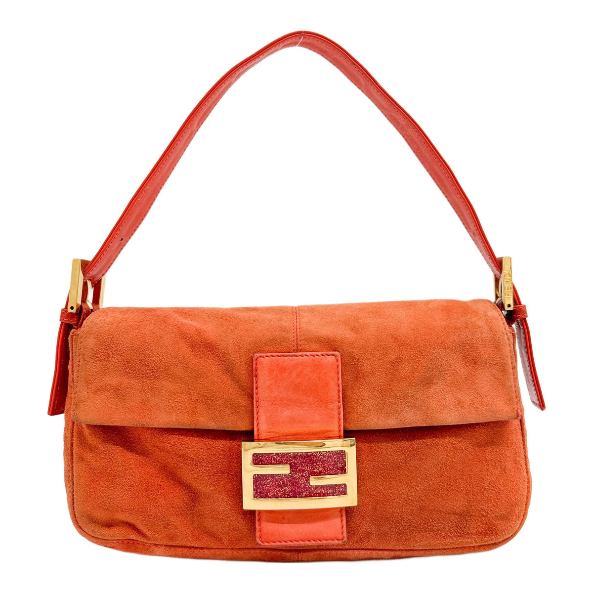 Baguette Orange Suede with Leather Trim Shoulder Bag