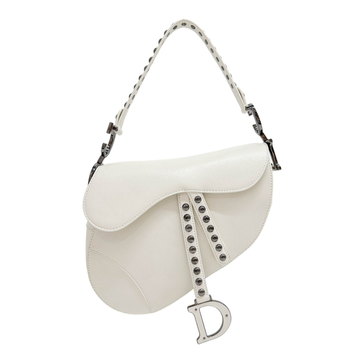 Saddle Studded White Leather Two Way Bag