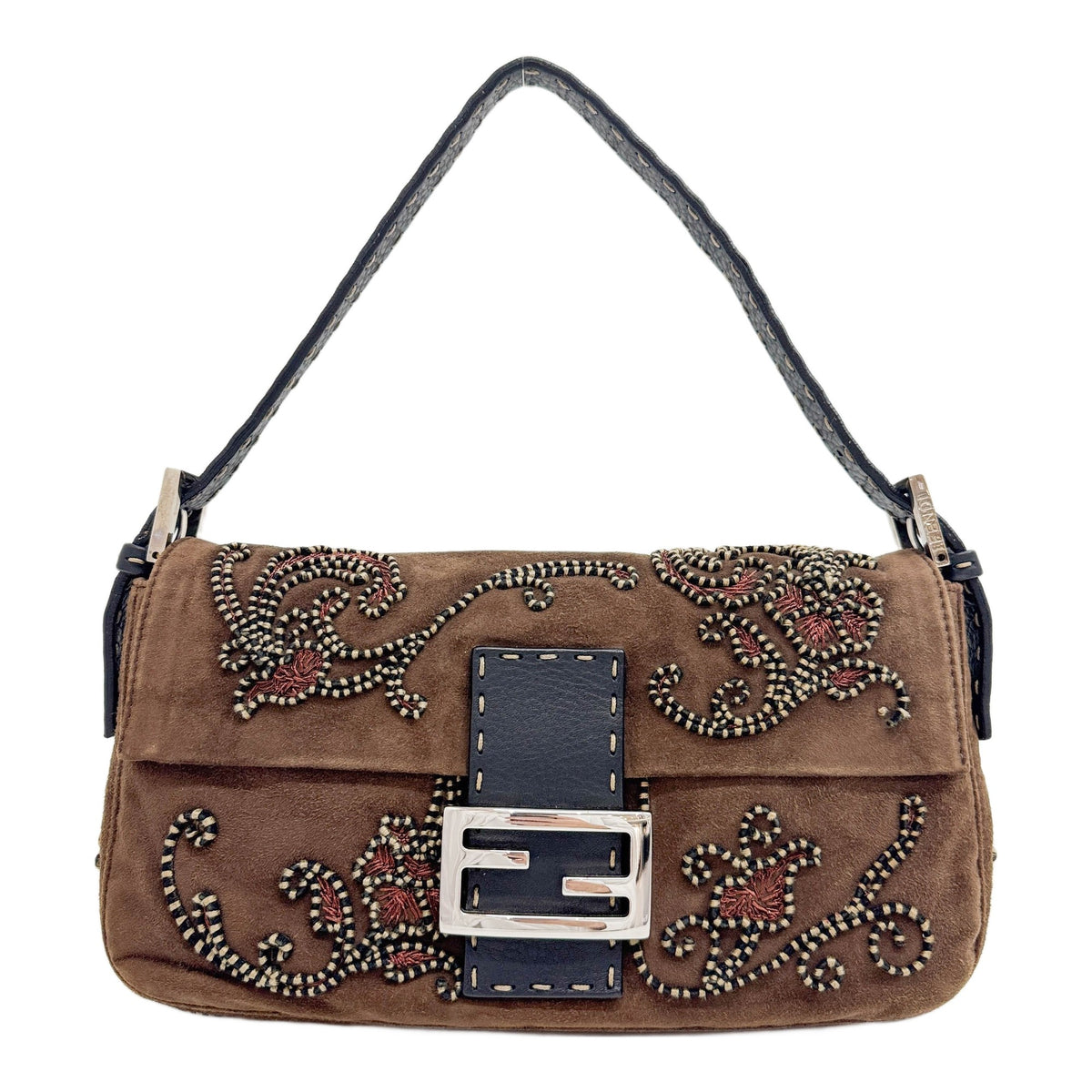Baguette Embroidered Brown Suede Selleria Trim Shoulder Bag